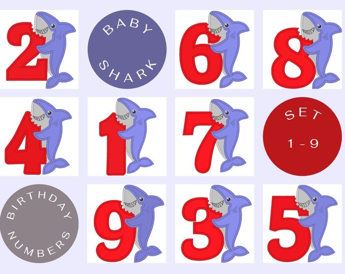 Baby Shark Birthday numbers SET 1-9 bitten number kids boy Birthday outfit design machine embroidery applique designs hoop 4x4, 5x7, 6x10