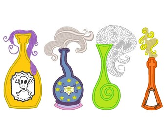 Halloween poison bottles 4 types machine embroidery applique designs SET of 4 for hoop 4x4 5x7 wizard sorcerer magic potion INSTANT DOWNLOAD