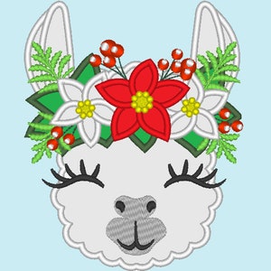 Christmas Pretty eyes llama or alpaca head with shabby chick roses crown applique machine embroidery designs applique embroidery llama face