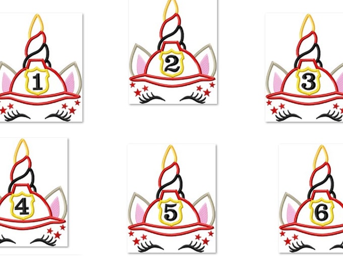 Birthday numbers Firefighter unicorn head with firefighter hat and number Fire department unicorn machine embroidery designs 5, 6, 7 inches