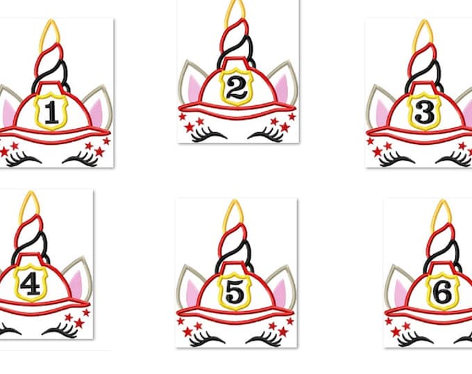 Birthday numbers Firefighter unicorn head with firefighter hat and number Fire department unicorn machine embroidery designs 5, 6, 7 inches