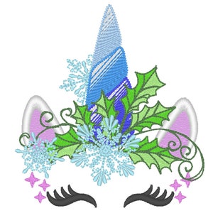 May include: A blue and white unicorn horn with green holly leaves and blue snowflakes. The unicorn has pink ears and black eyelashes.