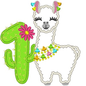 Number 1 First birthday Llama alpaca with cactus number Applique Design lama machine embroidery designs 5, 6, 7 and 8 inches
