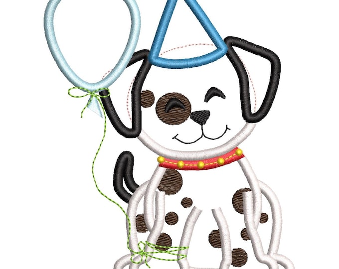 Happy Birthday little Puppy Applique kids machine embroidery designs sizes for hoop 4x4  5x7  6x10 cute Dalmatian balloon and birthday hat
