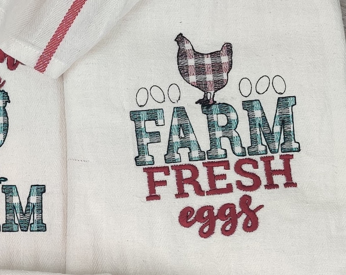 Farm fresh eggs kitchen towel Primitive Farm to table chicken eggs plaid gingham tartan dish kitchen towel quote machine embroidery designs