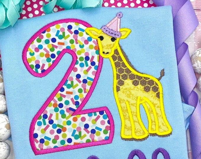 Giraffe Birthday hat machine embroidery applique designs assorted sizes 5, 6, 7 and 8 inches, cute little Giraffe baby boy kids applique