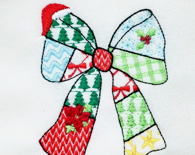 Patchwork Christmas Bow patterned silhouette outline Ribbon Santa hat kids baby girls machine embroidery designs many sizes 4 up to 8 inches