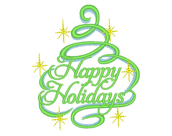 Happy Holidays Christmas tree outline machine embroidery designs for hoop 4x4  5x7  6x10 swirl curl sparkling Merry Christmas design