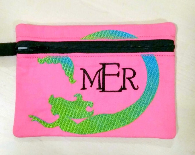 Mermaid monogrammed pouch, envelope ITH pocket purse bag, zip zipper bag for girl In The Hoop machine embroidery designs for hoop 5x7, 6x10