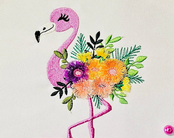 Flamingo floral bouquet machine embroidery designs for hoop 5x7 Flamingo fringed fluffy flowers pretty floral flamingo sizes 5 up to 7 inch