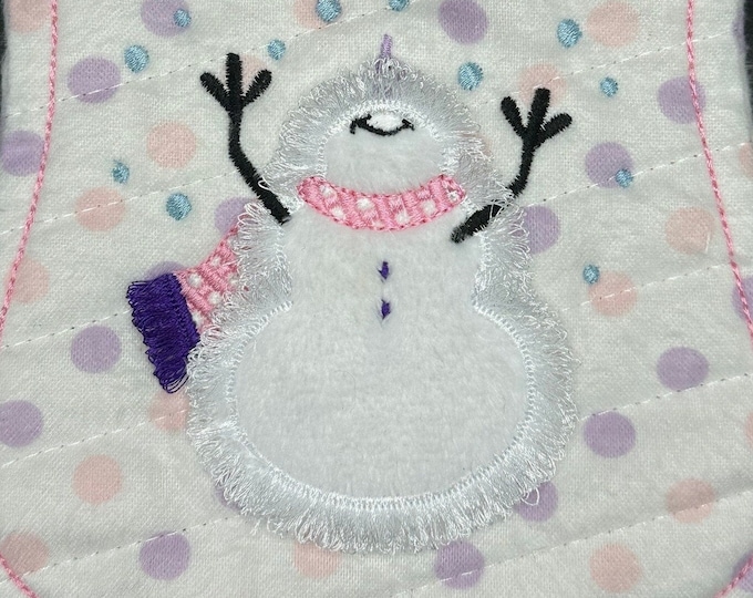 Little fringed Snowman enjoying Christmas holidays applique machine embroidery design cute Fluffy Snowman kids baby fringe in the hoop ITH