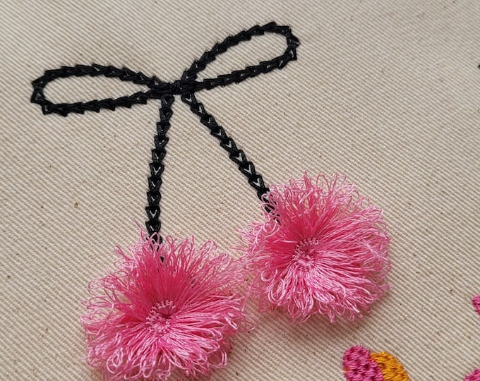 Fringed fluffy Cherry Pom Pom bow machine embroidery designs for hoop 4x4 sizes 1.5, 2, 2.5 and 3 inches awesome fringe fur pink cherry ITH