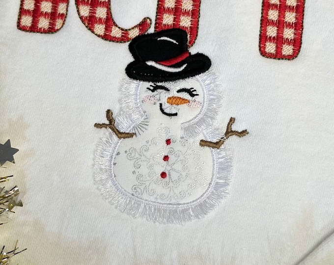 Fringed Snowman applique machine embroidery design Christmas theme fringe in the hoop ITH project Cute fluffy Snowman appliqué 4, 5, 6inches