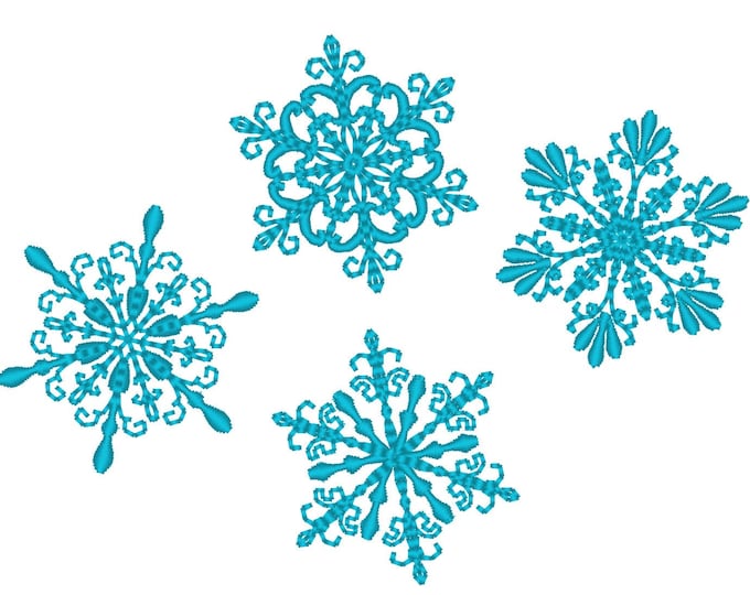 Swirl mini snowflakes SET of 4, winter snowflake 4 types, swirl and curl frozen Christmas snow machine embroidery designs assorted sizes