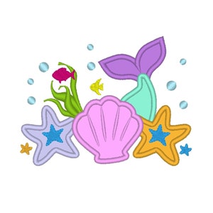 May include: A pink seashell, two blue starfish, a yellow starfish, a green seaweed, a pink and blue mermaid tail, and three yellow fish on a white background.