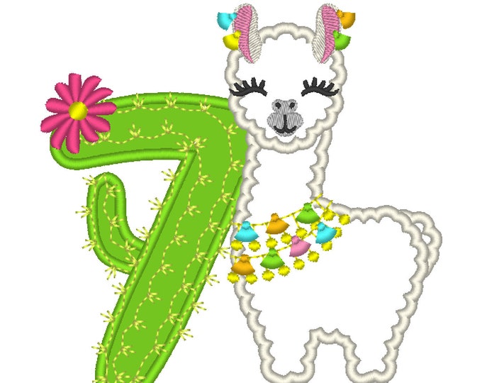 Number 7 Seventh birthday Llama alpaca with cactus number SEVEN Applique Design lama machine embroidery designs 5, 6, 7 and 8 inches