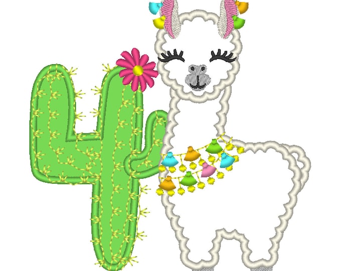 Number 4 Fourth birthday Llama alpaca with cactus number FOUR Applique Design lama machine embroidery designs 5, 6, 7 and 8 inches