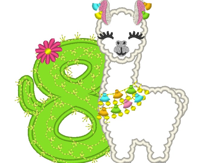 Number 8 Eighth birthday Llama alpaca with cactus number EIGHT Applique Design lama machine embroidery designs 5, 6, 7 and 8 inches