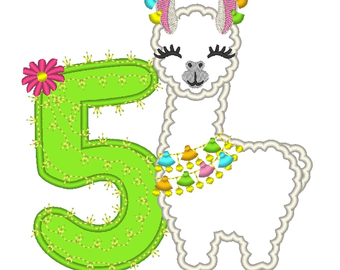 Number 5 Fifth birthday Llama alpaca with cactus number FIVE Applique Design lama machine embroidery designs 5, 6, 7 and 8 inches