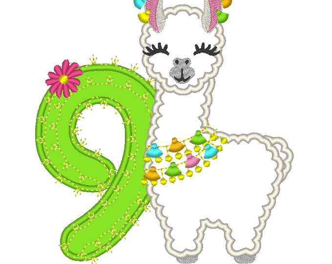 Number 9 Ninth birthday Llama alpaca with cactus number NINE Applique Design lama machine embroidery designs 5, 6, 7 and 8 inches