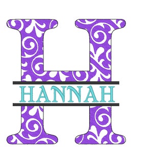 May include: Purple monogram letter H with a white floral pattern. The letter is split in half with a black line and the name "HANNAH" written in teal blue.