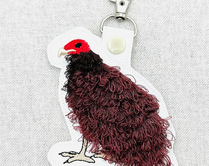 Fringed Turkey Vulture Bird Key Fob snap tab and Eyelet keychain in the hoop simply machine embroidery designs ITH project bag tag