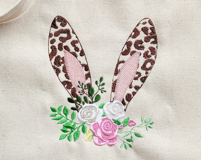 Easter Bunny head Leopard spots ears with roses floral crown, cute bunny face wild animal kids machine embroidery designs assorted sizes