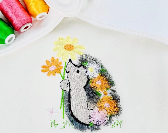 Cute Fringed Fluffy Hedgehog with flower stem Floral Fringe machine embroidery designs kids girls t-shirt fuzzy design sizes 4 up to 6 inch