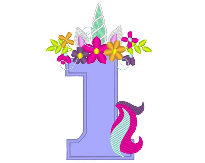 Unicorn number one 1 with flowers crown , Unicorn Tail Birthday number ONE, 1 Unicorn number birthday outfit, Unicorn rainbow  4x4 5x7