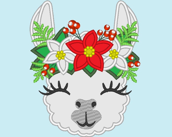 Christmas Pretty eyes llama or alpaca head with shabby chick roses crown applique machine embroidery designs applique embroidery llama face