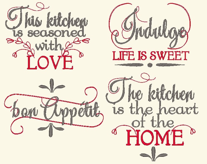 French vintage Kitchen dish towel lovely quote saying SET of 4 machine embroidery designs for hoop 4x4 and 5x7 sweet home Valentine design