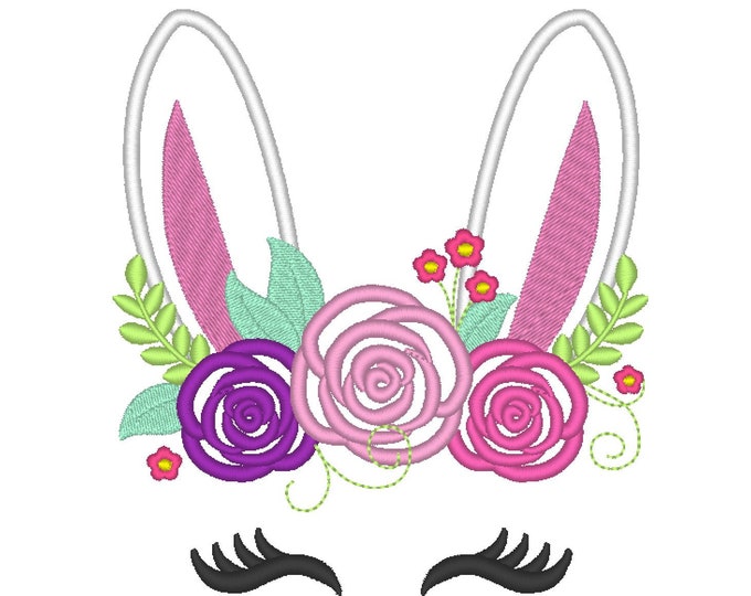 Easter Bunny head ears with shabby chick roses flowers crown applique, machine embroidery designs applique Easter bunny embroidery face