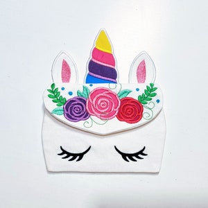 Bolsa con cremallera de unicornio En el aro, cabeza de unicornio ITH con corona de rosas chic en mal estado Bolsa Bolsa ITH, máquina de bolsa con cremallera Diseño de bordado In-The-Hoop