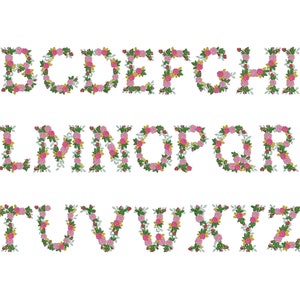 Urban roses floral font alphabet garden flag monogram liberty fashioned flowers Font machine embroidery designs size 3, 4, 6, 7, 8in BX incl