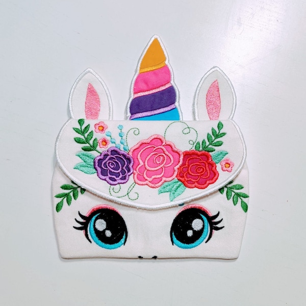 Bolsa con cremallera de unicornio En el aro, cabeza de unicornio ITH con corona de rosas chic en mal estado Bolsa Bolsa ITH, máquina de bolsa con cremallera Diseño de bordado In-The-Hoop