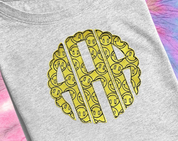 All happy faces Boho hippie happy face monogram three letter Circle Monogram Font A-Z machine embroidery designs happy kids, BX included