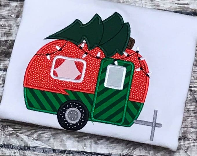 Christmas tree and camper, old fashioned camper, camper van, Christmas holidays - machine embroidery applique designs, hoop 4x4, 5x7, 6x10