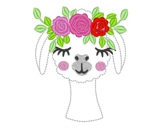 MINI Super cute Llama face with floral roses crown, three roses llama alpaca girl flowers crown machine embroidery designs INSTANT DOWNLOAD