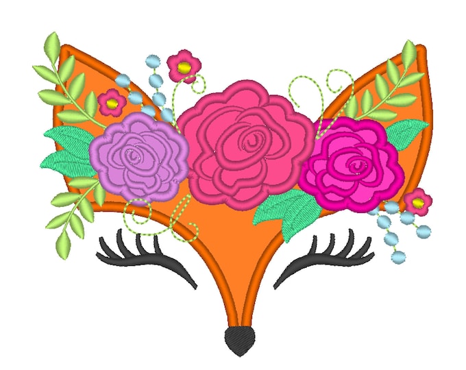 Pretty eyes Fox face with shabby chick roses crown applique machine embroidery designs applique Fox flowers embroidery fox head