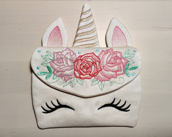 Unicorn zipper bag In the hoop, ITH Unicorn head with shabby chic roses crown Pouch ITH bag, zip bag machine Embroidery design In-The-Hoop