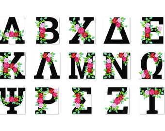 Fraternities & sororities Floral Greek font whole entire alphabet roses rose flowers machine embroidery designs from 2 up to 5 inches