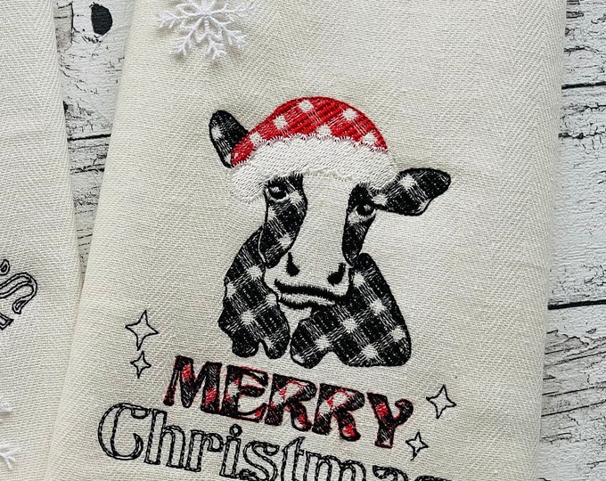 Merry Christmas gingham tartan check old fashioned classic Pillow or Kitchen dish towel Cow Santa machine embroidery designs 4x4 5x7 8x12