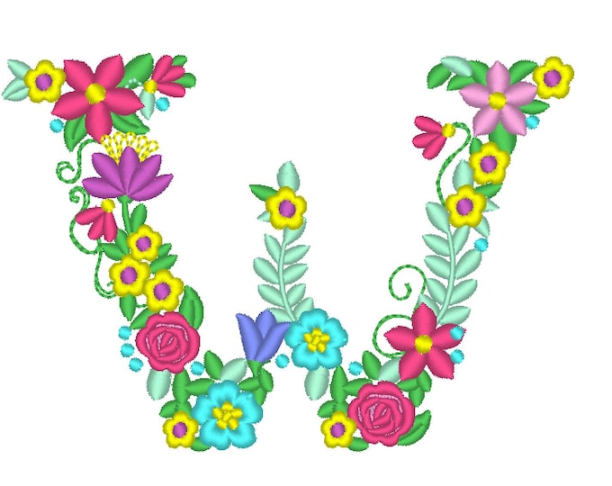 Floral letter W garden flag monogram liberty fashioned flowers flower Font machine embroidery designs monogram W only 4, 5, 6 and 8 in