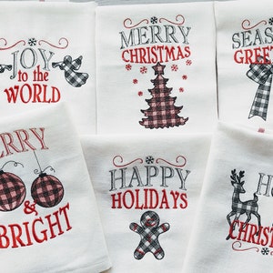 Merry Christmas gingham old fashioned classic Happy Holidays, Joy Kitchen dish towel quotes 6pcs machine embroidery designs 4x4, 5x7 image 1