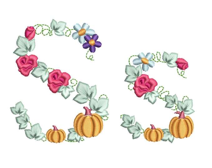 Pumpkin Floral letters S and s uppercase and lowercase letters Ss Thanksgiving monogram machine embroidery design small mini floral garden