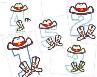 Cowboy Birthday Number 1 to 5 kicking boots and hat kids baby boys Applique machine embroidery designs for hoop 5x7 sizes 5 and 6 inches