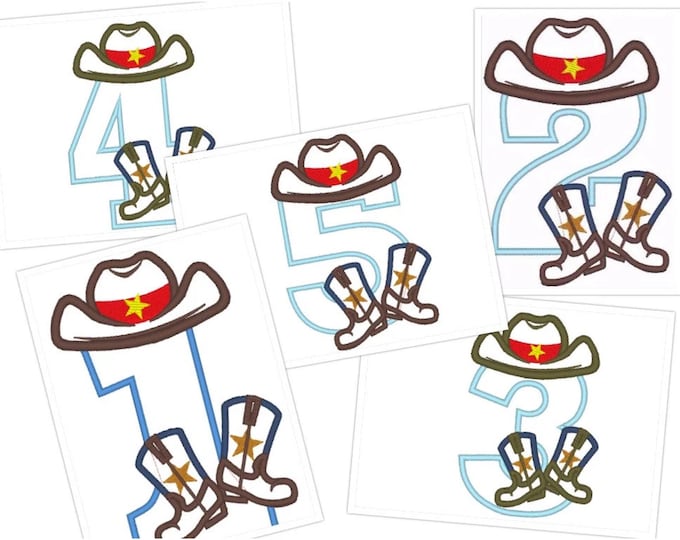 Cowboy Birthday Number 1 to 5 kicking boots and hat kids baby boys Applique machine embroidery designs for hoop 5x7 sizes 5 and 6 inches