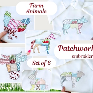 May include: Set of six patchwork embroidery designs featuring farm animals: a chicken, horse, cow, rabbit, sheep, and pig. The designs are in a variety of colours and patterns, including red, blue, green, yellow, and pink.