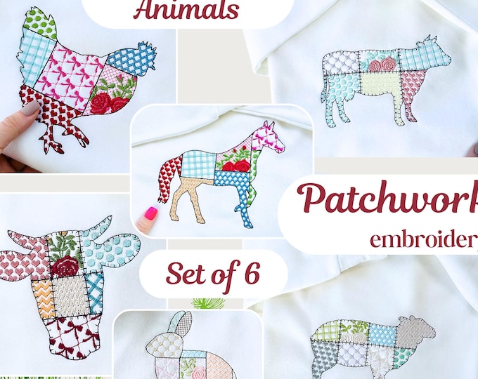 Patchwork patterned Farm animals SET of 6 designs Chicken Cow Horse Bunny Sheep Lamb Cow face outline machine embroidery designs many sizes