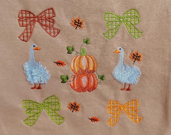Thanksgiving Fall Pumpkin Goose SET of 5 designs Bows in a row Bow fringed Duck machine embroidery designs Farm Shirt Sweatshirt Sweater